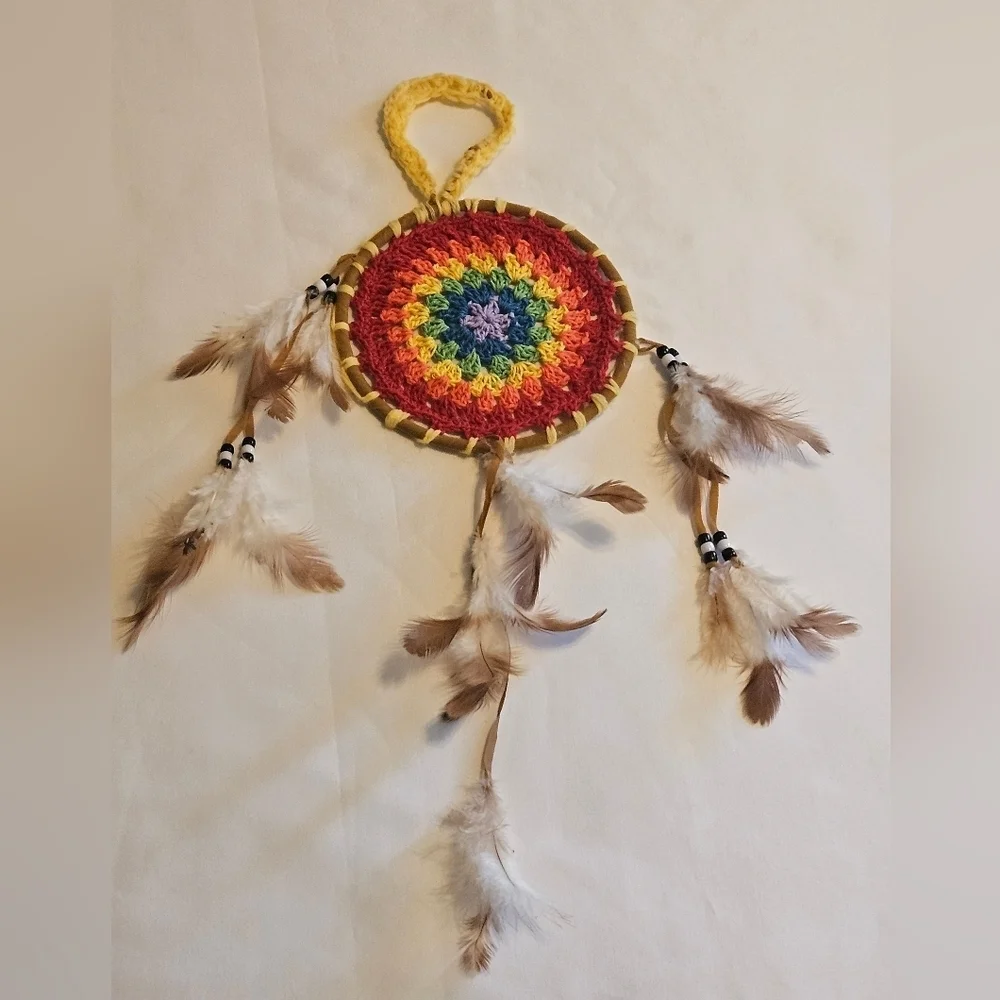 Hand Crafted crochet dream catcher rainbow colors textile art handmade holiday